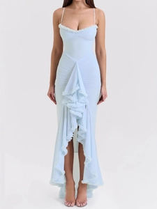 Elegant light blue mesh evening dress with thin straps, ruffles and high side slit