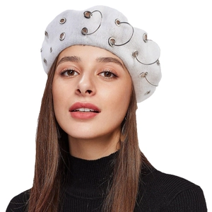 White beret hat for women with silver metal rings and eyelet details in retro style
