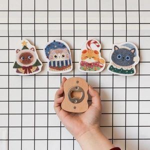 Cartoon cat wooden beer bottle opener with strong magnets for home kitchen fridge decor