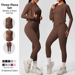 Donna Top And Bottom Tuta Sportiva Effetto Nudo Spazzolato Maglia a Maniche Corte Giacca con Zip Leggings a Vita Alta Palestra Fitness Yoga