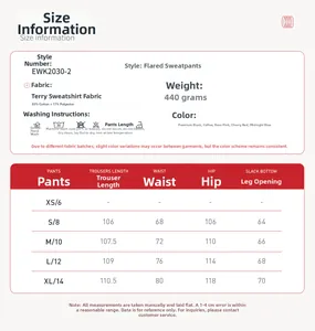 Size chart for women's high-waisted cotton lounge pants with fabric and wash care details