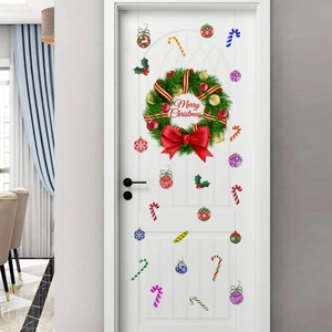 Christmas Wall Stickers PVC Merry Christmas Wreath Candy Cane Ornaments Removable Door Decals For Holiday Home Decor