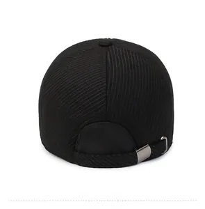 Detail view of the black winter baseball cap back with adjustable silver metal buckle