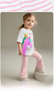 Detail of girls' pink striped flared leggings showing ribbed knit fabric and ruffled hem