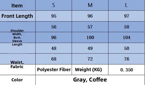 Detailed size chart for crew neck dress showing S to L measurements and fabric info
