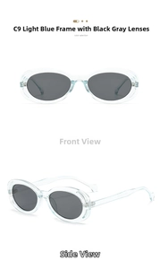 Front and side views of oval light blue transparent sunglasses with dark grey lenses