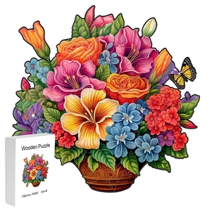Irregular wooden puzzle featuring a colorful floral bouquet with butterfly in size S