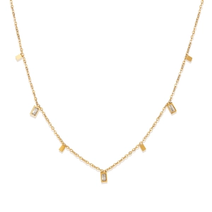 Elegant gold stainless steel necklace featuring rectangular cubic zirconia and square charms