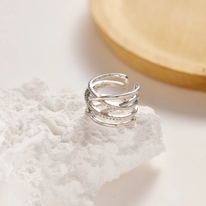 Crossed multi-layer 925 silver ring with zirconia stones and S925 hallmark