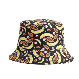Fashionable black bucket hat with vintage fruit print featuring bananas and papayas