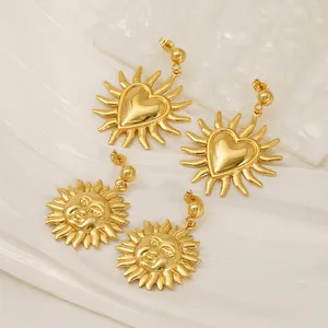 Vintage Sun Face Heart Drop Earrings 18K Gold Plated Stainless Steel Retro Fashion Jewelry For Women