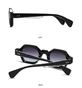 Side and back view of narrow hexagonal sunglasses with star rivets on black frame