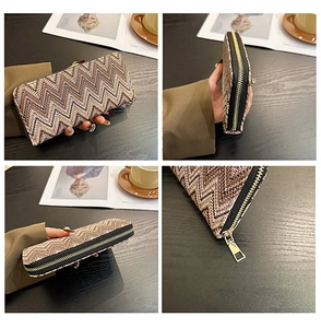 Detail shots of women's long zip wallet with brown beige chevron woven pattern