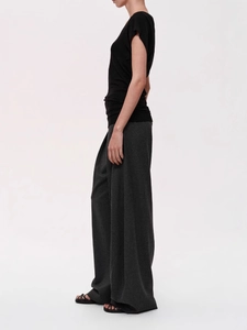 Minimalist Tencel wool V-neck short sleeve top with fitted cut and draped texture