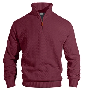 Men's dark red quarter-zip stand collar sweatshirt with textured cable knit patterns