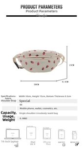 Detailed view of strawberry canvas fanny pack with dimensions and device capacity chart