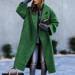 Detail of green wool coat showing notched lapels and single-breasted button design