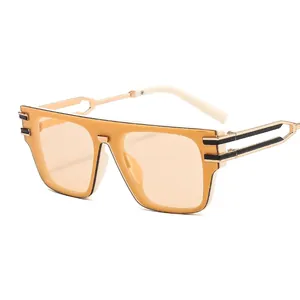 Fashionable oversized square sunglasses with orange frame and gold metal temples