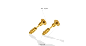 Macro shot of gold-plated titanium screw earrings showing detailed cross-slot and thread