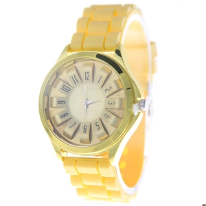Detailed front view of bright yellow silicone strap watch with golden alloy round case