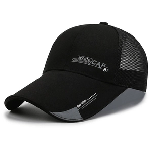 Schwarze atmungsaktive Mesh-Baseballkappe mit langem Schirm und Sport-Aufdruck