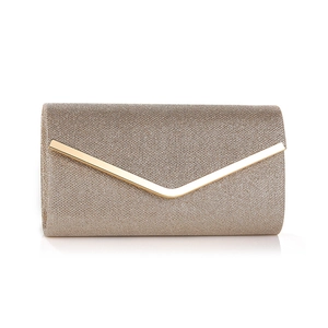 Elegant champagne glitter envelope clutch bag with V-shaped gold metal trim detail