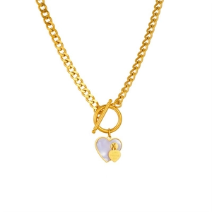 Gold OT toggle chunky chain necklace with mother of pearl double heart pendants