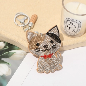 Detail showing cartoon cat keychain with rhinestones, brown tassel and silver hook
