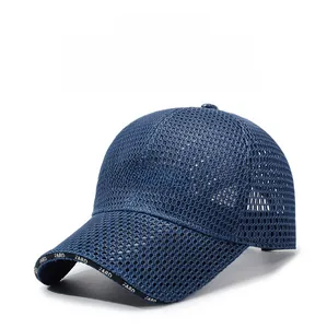 Detail of dark blue breathable mesh baseball cap with white 3D FARD embroidery logo