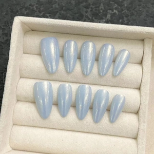 Handmade Light Blue Aurora Press On Nails Long Almond Pearlescent Metallic Reusable Full Cover False Nails