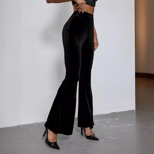 Women's high waist black velvet flare pants with a slim fit and elegant glossy finish