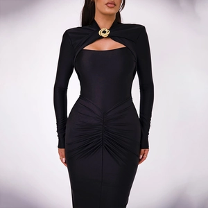 Detail of black long sleeve dress with golden ring neckline and waist ruching