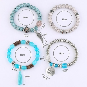 Bohemian multilayer beaded bracelet set with wing charms and tassels, 18cm circumference