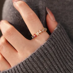 18k gold plated open ring with colorful zircon floral design for women fashion