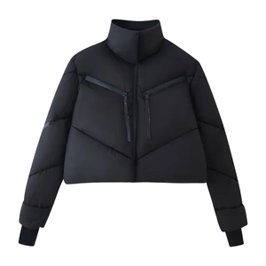 Short black puffer jacket with stand collar and decorative zipper ribbons on white background