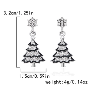 Christmas tree earrings with black enamel and rhinestones showing size and weight details