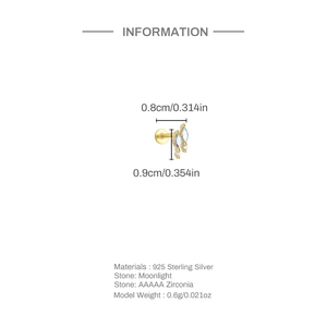 Detailed spec sheet showing 925 silver moonstone earring size and material info