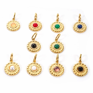 Round Charms Stainless Steel Gold Plated Vintage Natural Stone Gemstone Artificial Pearl For DIY Jewelry Making Necklaces Women