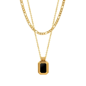 18K gold plated double layer necklace with Figaro chain and black rectangle pendant