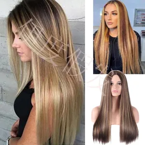Lange Gerade Perücke Ombre Braun Bis Blond Highlights Synthetische Hitzebeständige Faser Mittelscheitel Für Frauen