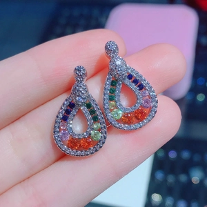 Rainbow Gemstone Water Drop Earrings Multi Color CZ Copper Pear Shaped Hollow Design For Women
