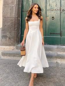 Robe Maxi Sans Manches À Col Carré Rétro Français Pour Femmes Élégante Taille Haute Ligne A Vacances D'été Polyester Spandex