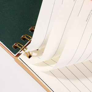 Donkergroen spiraalnotitieboek met gouden ringband en gelinieerde pagina's voor school