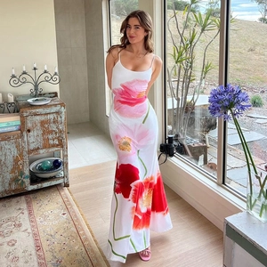 Robe Maxi À Imprimé Floral Dos Nu À Bretelles Sans Manches Polyester Élasthanne Plage Été Sexy Streetwear Pour Femme
