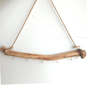 Rustic wall-mounted driftwood jewelry hanger with 5 metal S-hooks and jute rope