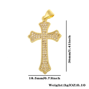 Detailed size chart of gold copper cross pendant with cubic zirconia inlay 36x18.5mm