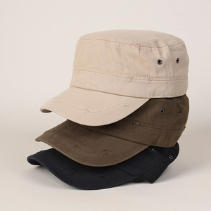 Close-up of distressed cadet hats in beige, brown, and black with metal eyelets