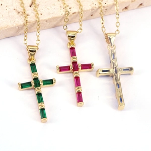 Chic gold-plated cross pendant necklace set featuring colorful zircon stones in emerald and ruby