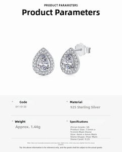 Detail view of S925 sterling silver pear-cut cubic zirconia stud earrings with dimensions