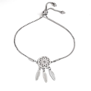Verstellbares Dreamcatcher-Armband aus Edelstahl in Silber mit drei Feder-Anhängern
